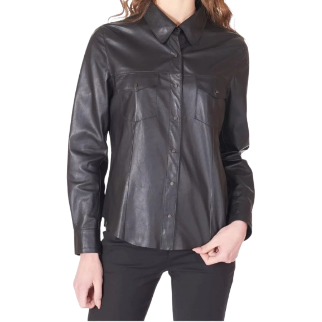 Women's Premium Black Original Leather Relaxed Shirt — Long Sleeve Snap Button