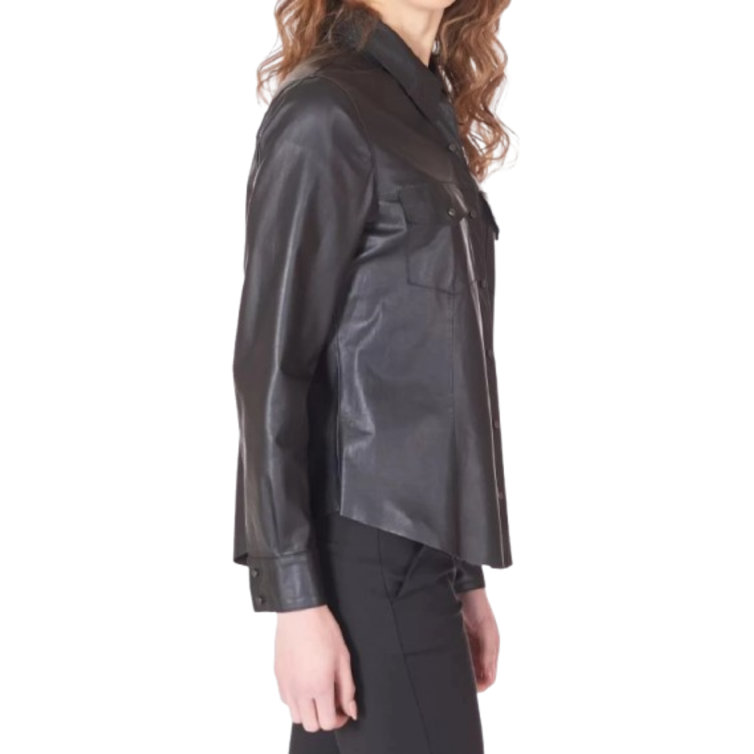 Women's Premium Black Original Leather Relaxed Shirt — Long Sleeve Snap Button