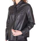 Women's Premium Black Original Leather Relaxed Shirt — Long Sleeve Snap Button
