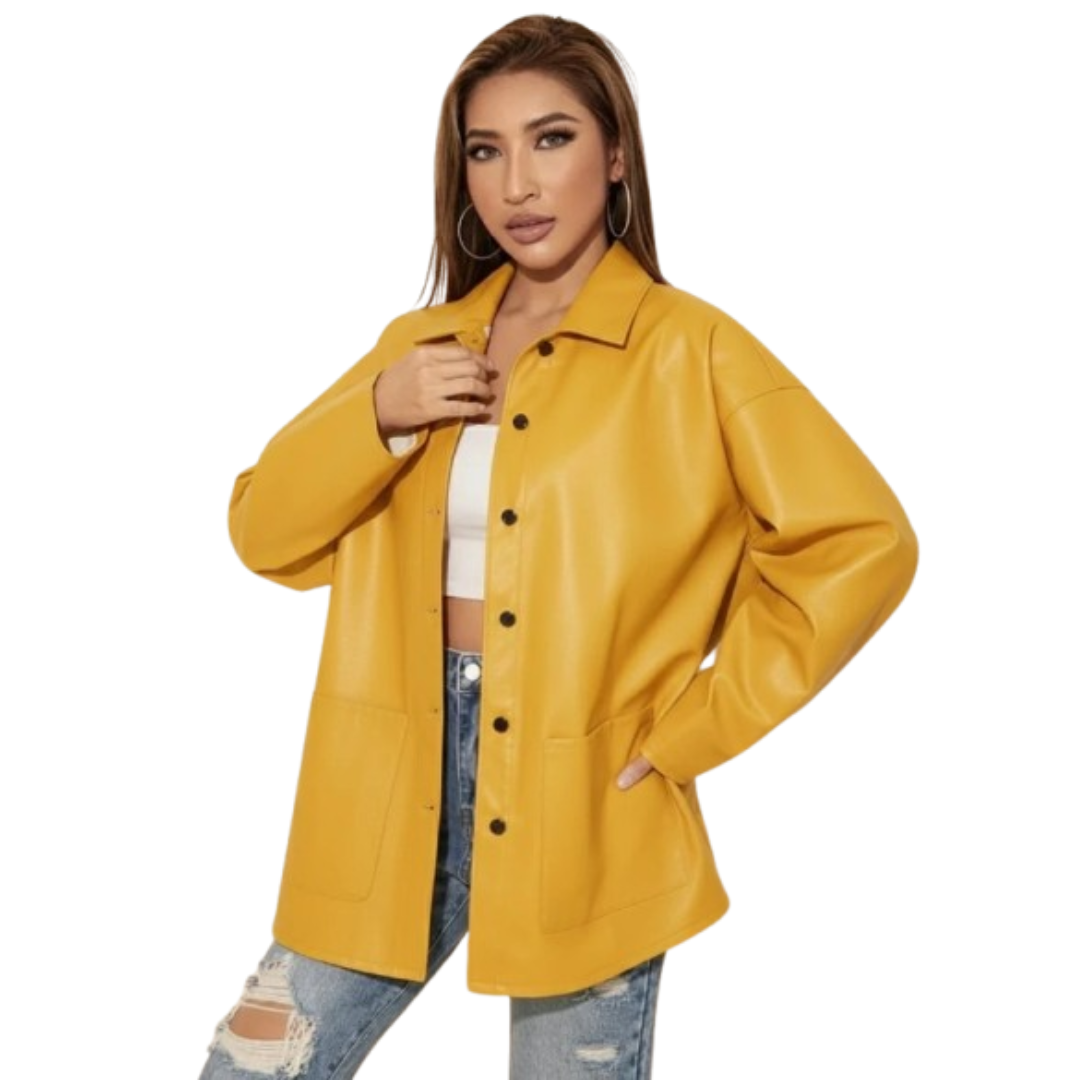 Women's yellow leather oversized shacket with snap buttons and longline silhouette
