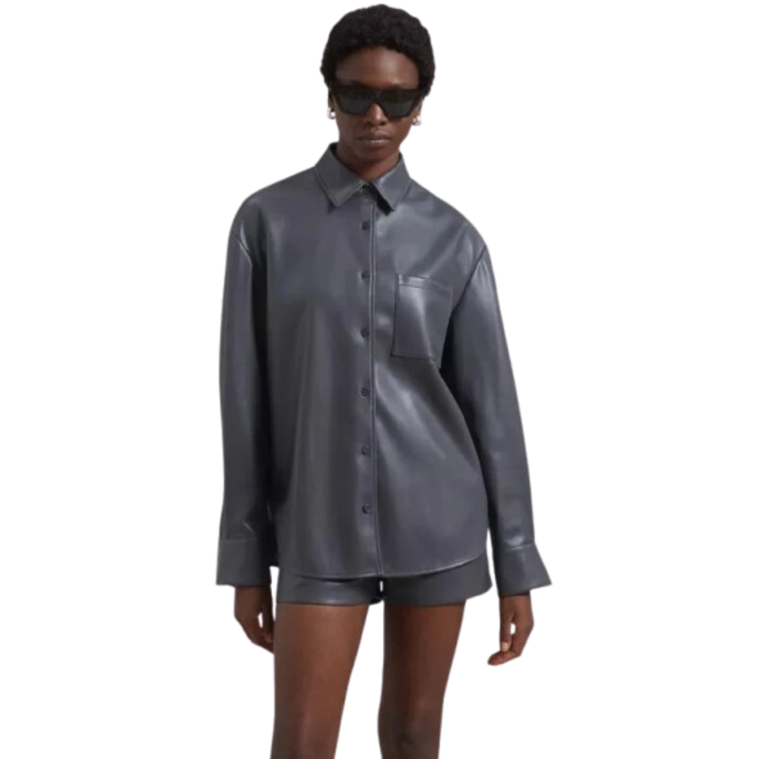 Women's grey leather oversized longline shirt with button front and single chest pocket