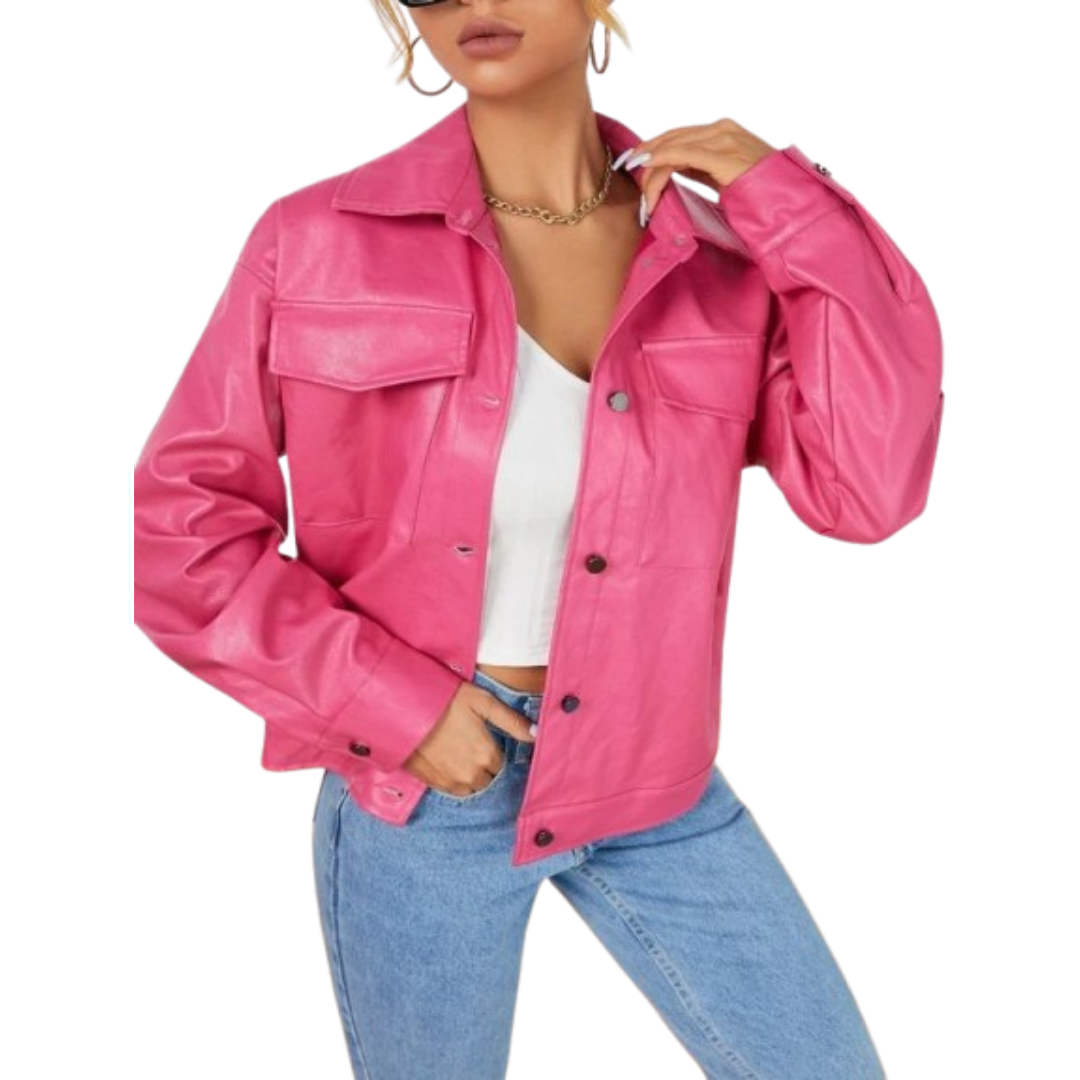 Women's hot pink leather cropped trucker jacket with snap buttons and dual chest pockets
