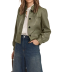 Women's Premium Olive Green Original Leather Puff Sleeve Jacket — Band Collar Cropped