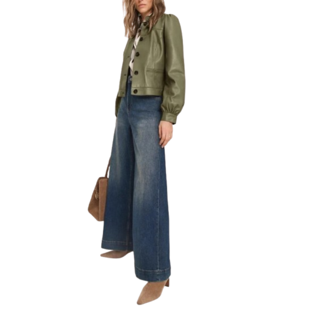 Women's Premium Olive Green Original Leather Puff Sleeve Jacket — Band Collar Cropped