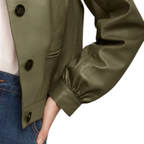 Women's Premium Olive Green Original Leather Puff Sleeve Jacket — Band Collar Cropped