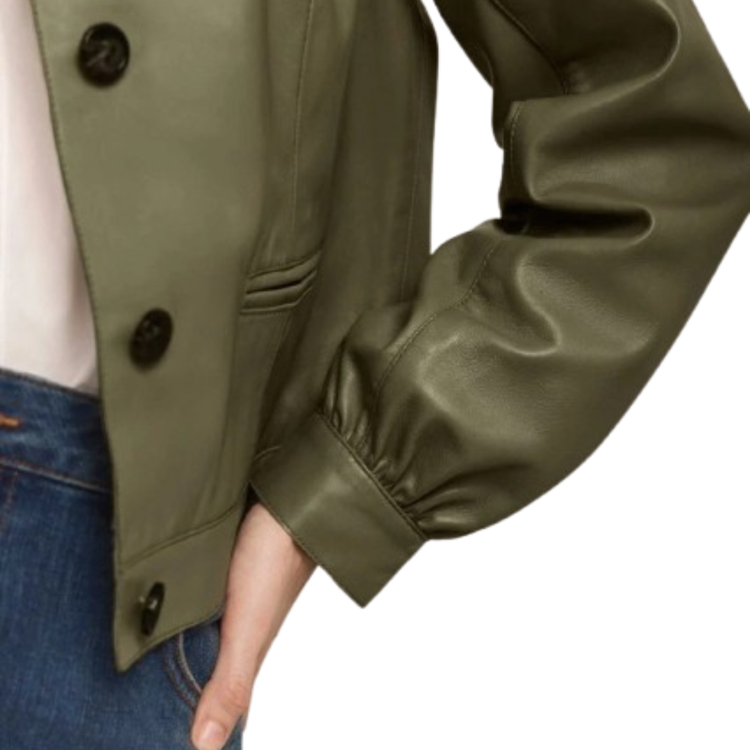 Women's Premium Olive Green Original Leather Puff Sleeve Jacket — Band Collar Cropped