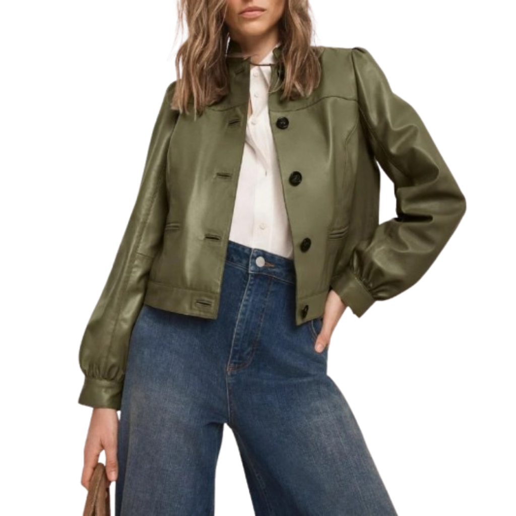 Women's Premium Olive Green Original Leather Puff Sleeve Jacket — Band Collar Cropped