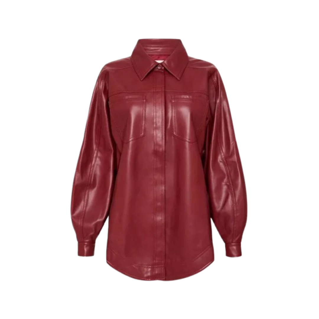 Women's Premium Burgundy Original Leather Oversized Shirt — Balloon Sleeve Longline