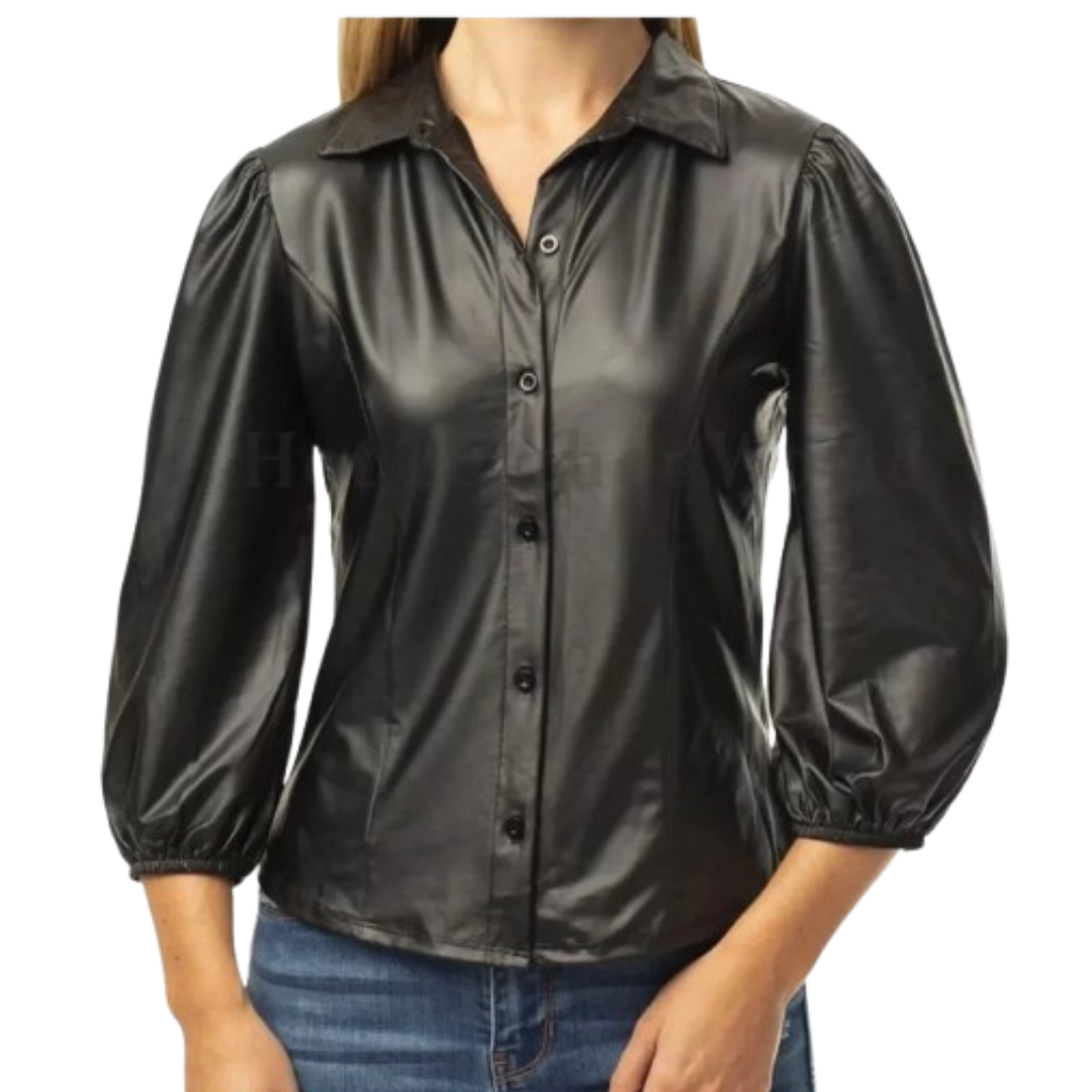 Women's black leather 3/4 puff sleeve shirt with balloon sleeves and snap button front