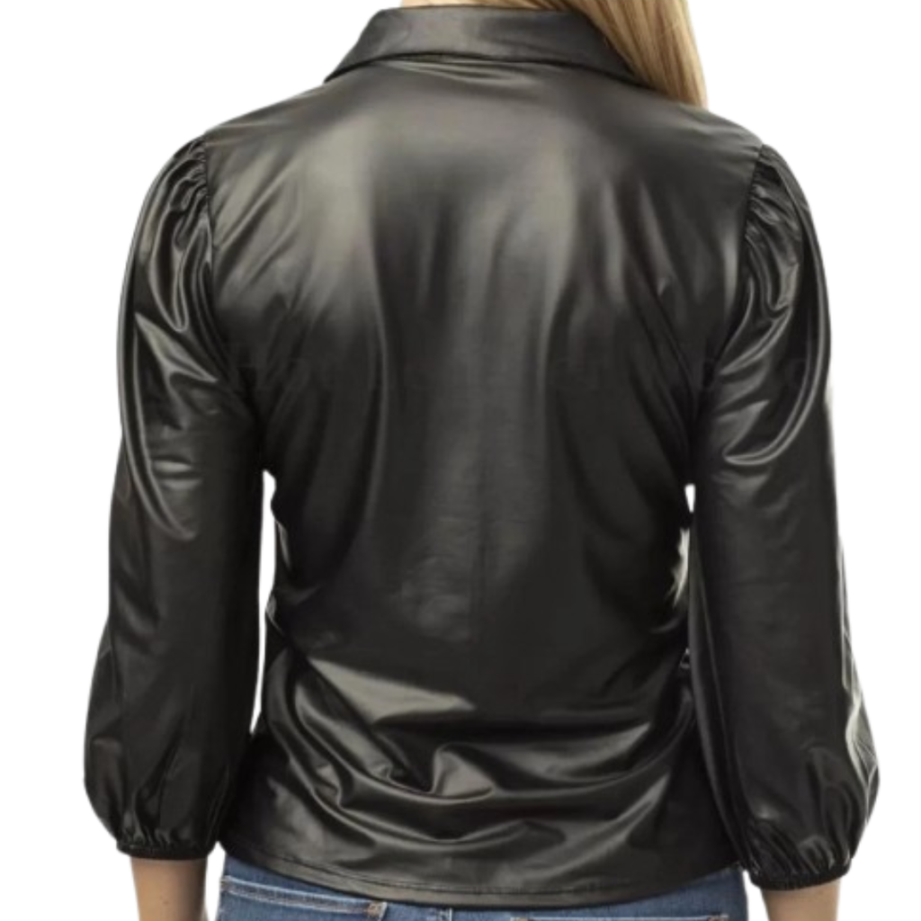 Women's Premium Black Original Leather Puff Sleeve Shirt — Balloon Sleeve Button-Up