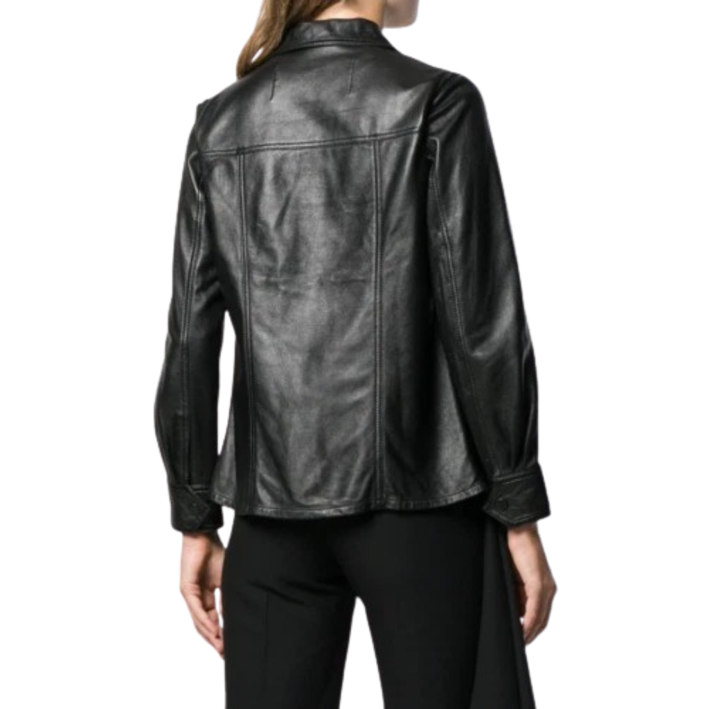 Women's Premium Black Original Leather Princess Seam Shirt — Sculpted Waist Long Sleeve