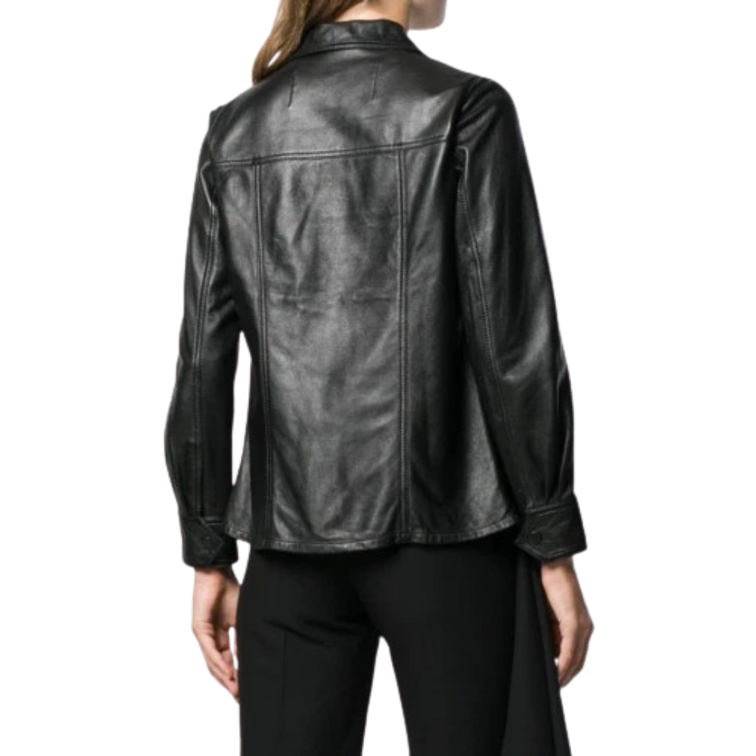 Women's Premium Black Original Leather Princess Seam Shirt — Sculpted Waist Long Sleeve