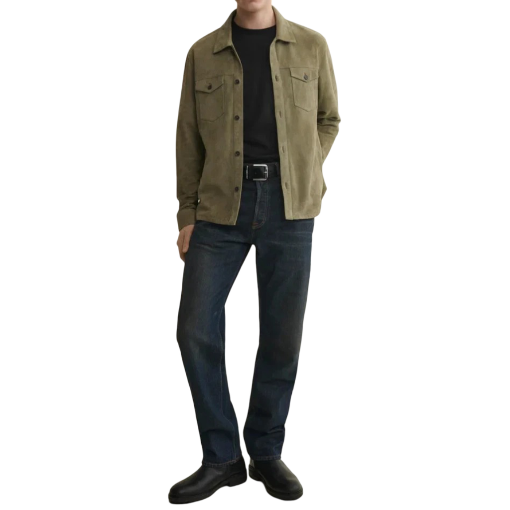 Men's Premium Olive Green Original Suede Leather Shirt — Relaxed Overshirt Style in Premium Leather