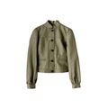 Women's Premium Green Original Leather Jacket — Puff Sleeve Band Collar with Hip Pockets