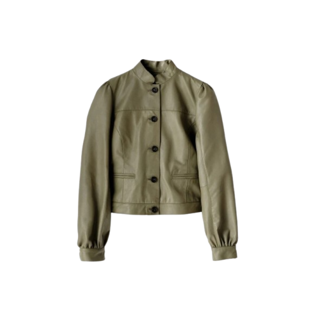 Women's Premium Green Original Leather Jacket — Puff Sleeve Band Collar with Hip Pockets