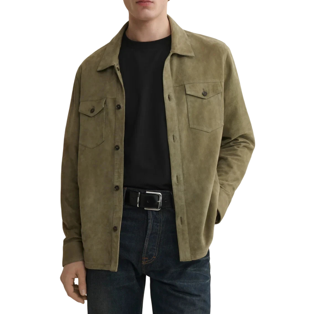 Men's Olive Suede Shirt Jacket - Front View
