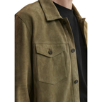 Men's Premium Olive Green Original Suede Leather Shirt — Relaxed Overshirt Style in Premium Leather
