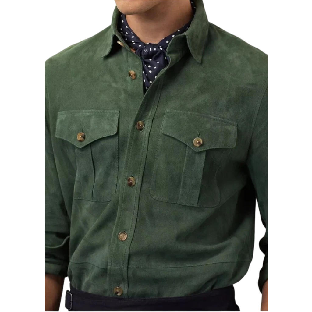 Men's Premium Green Suede Leather Shirt — Safari-Inspired Overshirt in Premium Leather