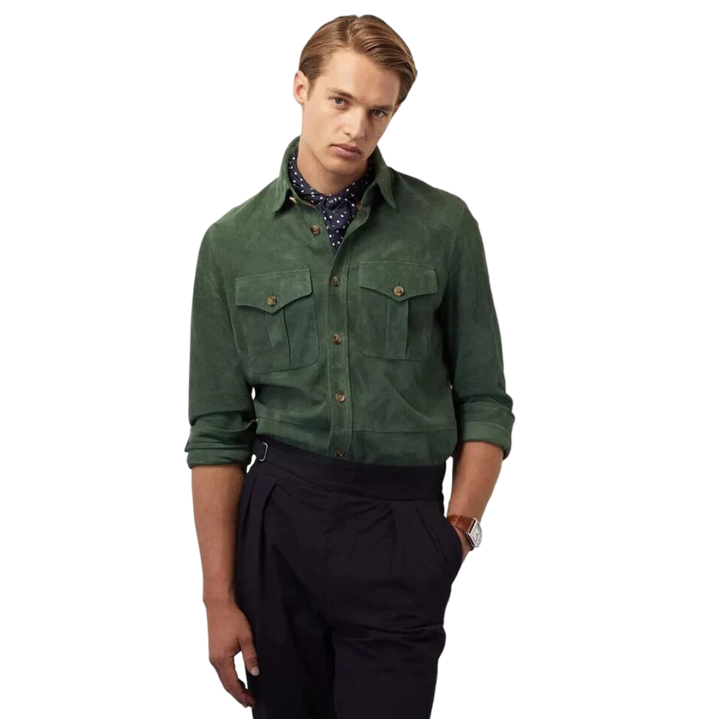 Men's Forest Green Suede Shirt Jacket - Front View