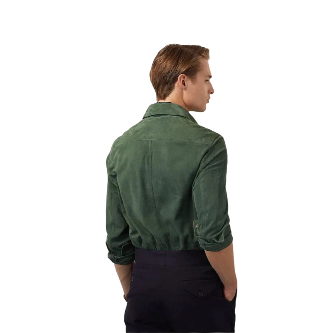 Men's Premium Green Suede Leather Shirt — Safari-Inspired Overshirt in Premium Leather