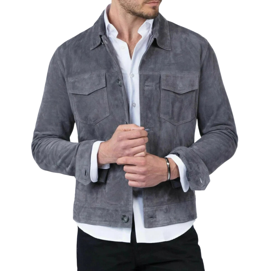 Men's Grey Suede Leather Shirt — Slim-Fit Overshirt in Premium Leather
