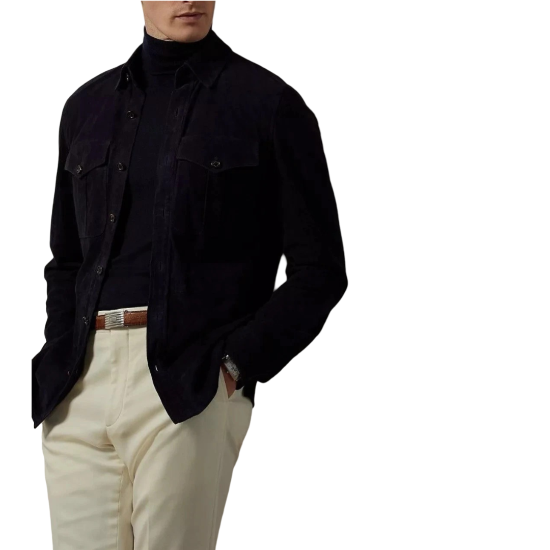 Men's Navy Suede Shirt Jacket - Front View