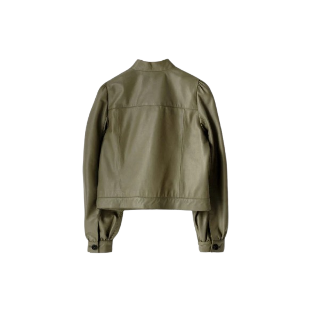 Women's Premium Green Original Leather Jacket — Puff Sleeve Band Collar with Hip Pockets