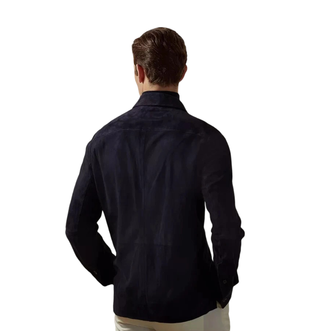 Men's Premium Navy Blue Suede Leather Shirt — Dual Pocket Overshirt in Premium Leather