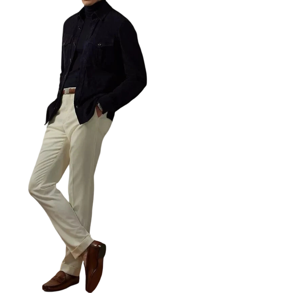 Men's Premium Navy Blue Suede Leather Shirt — Dual Pocket Overshirt in Premium Leather