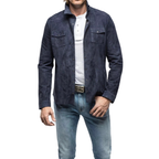 Men's Denim Blue Suede Shirt Jacket - Front View