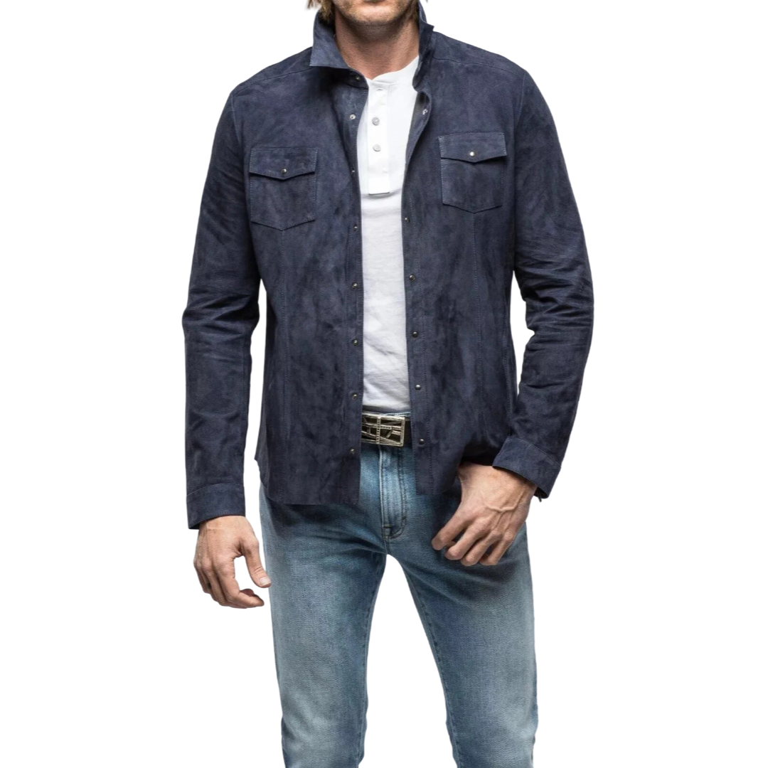 Men's Denim Blue Suede Shirt Jacket - Front View