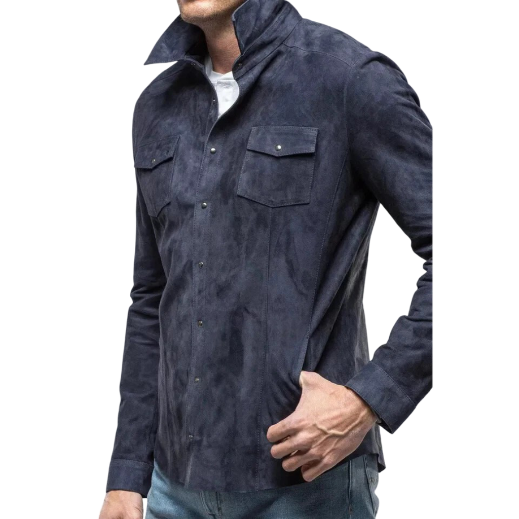 Men's Premium Blue Suede Leather Shirt — Snap-Button Overshirt in Premium Original Leather