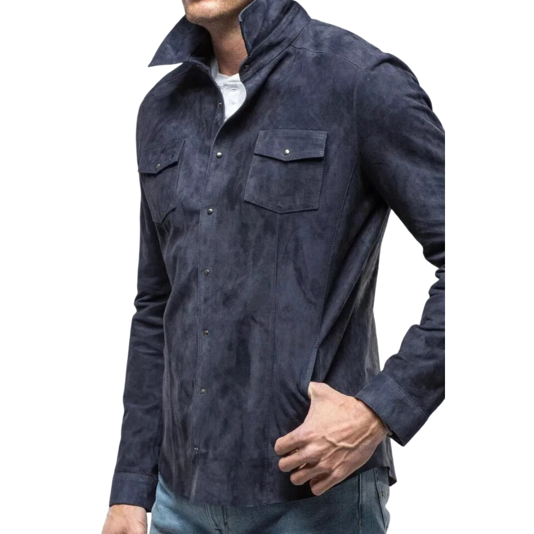Men's Premium Blue Suede Leather Shirt — Snap-Button Overshirt in Premium Original Leather