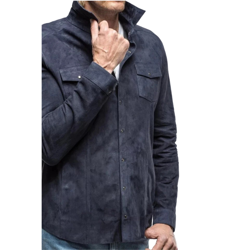 Men's Premium Blue Suede Leather Shirt — Snap-Button Overshirt in Premium Original Leather