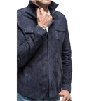 Men's Premium Blue Suede Leather Shirt — Snap-Button Overshirt in Premium Original Leather