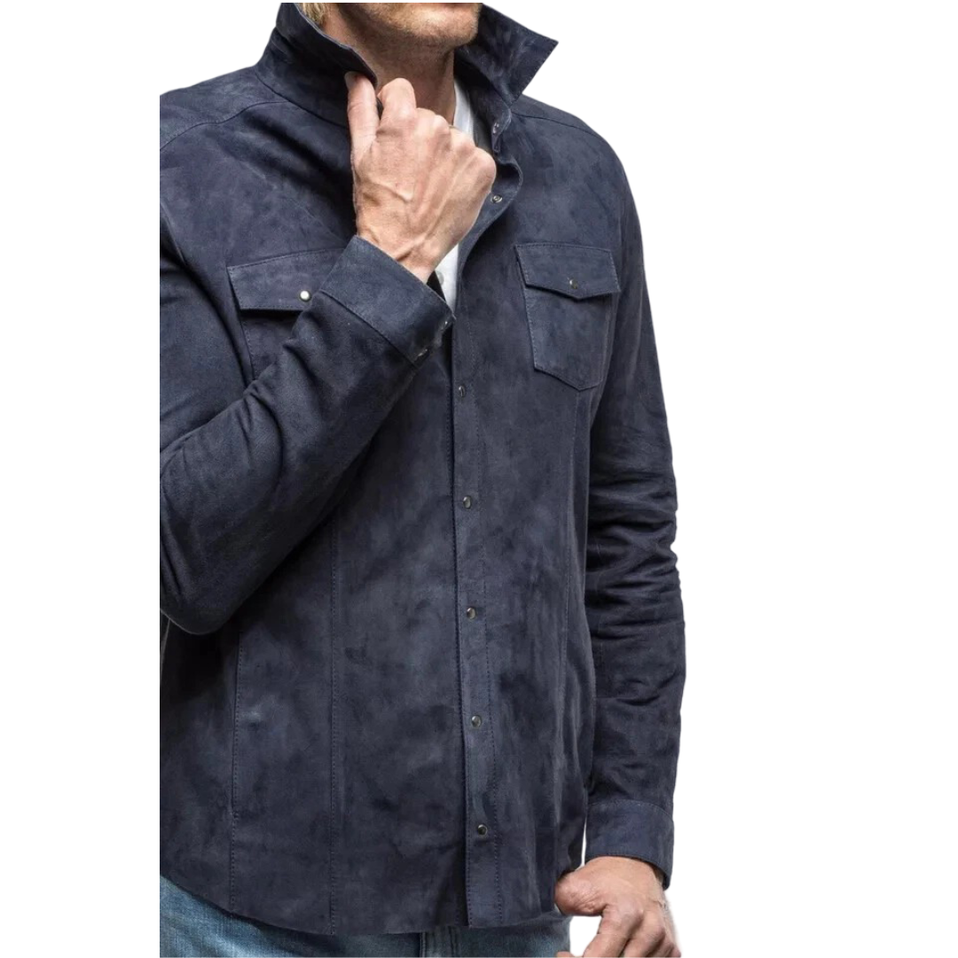 Men's Premium Blue Suede Leather Shirt — Snap-Button Overshirt in Premium Original Leather