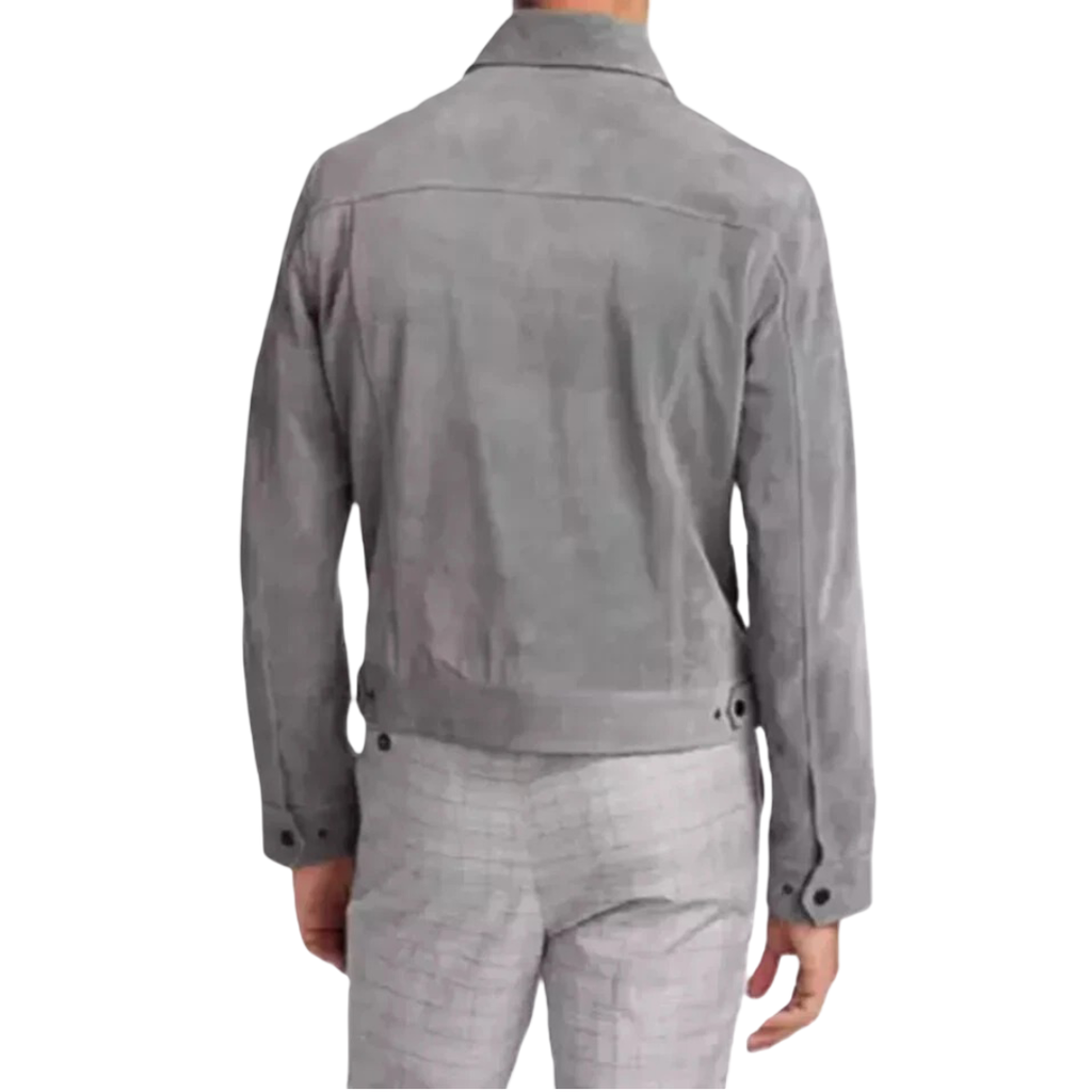 Men's Light Grey Suede Leather Trucker Jacket — Snap-Button Western Style in Premium Leather