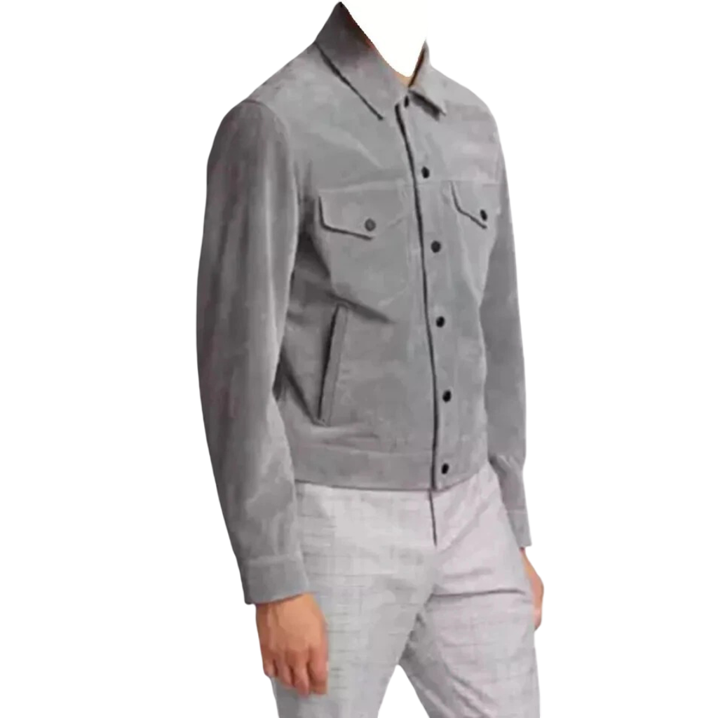 Men's Light Grey Suede Leather Trucker Jacket — Snap-Button Western Style in Premium Leather
