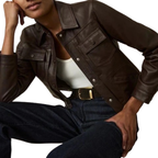 Women's Premium Original Brown Leather Trucker Jacket — Classic Western Style – leather jacket, back view – Kamercio