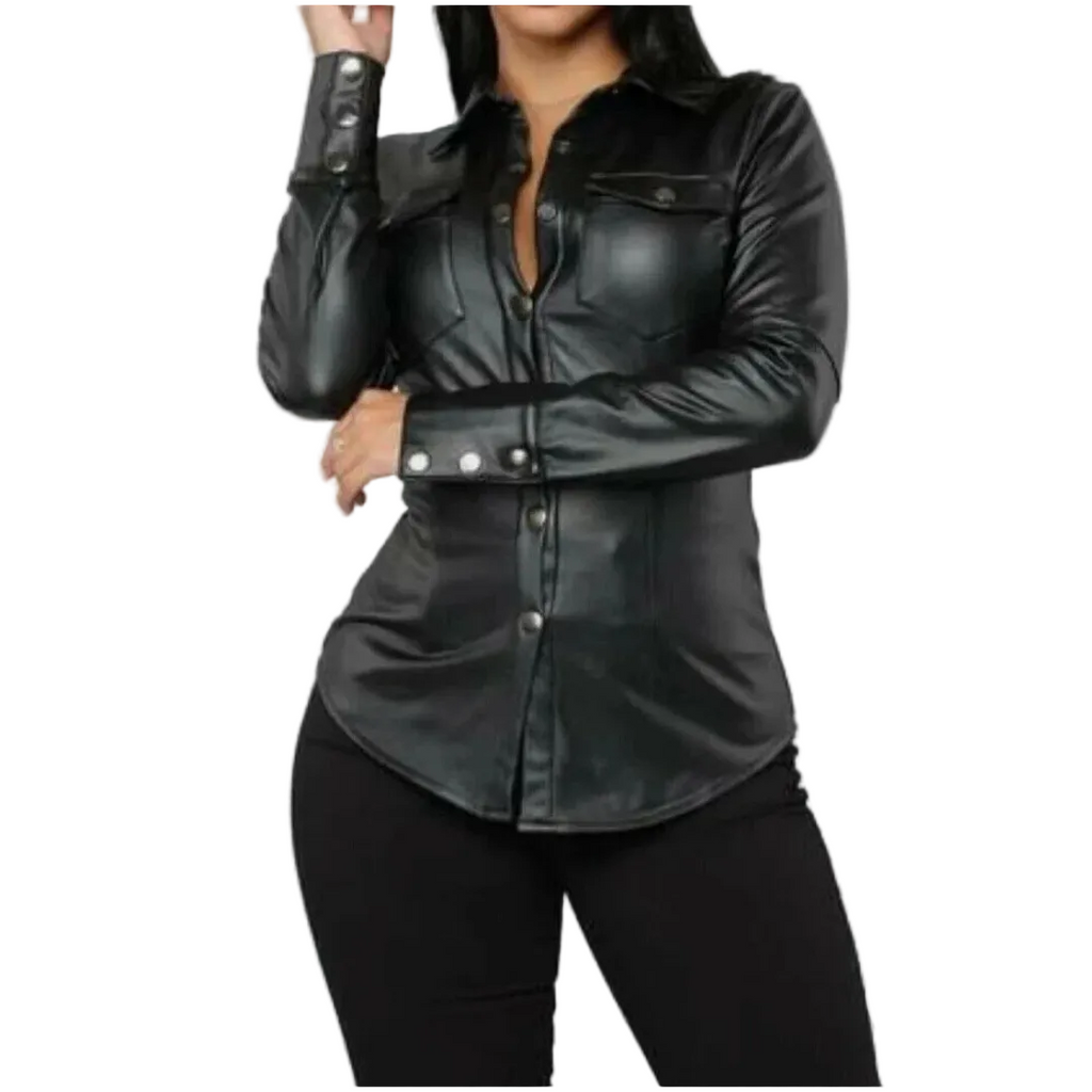 Women's Premium Black Original Leather Snap-Button Shirt — Fitted Western-Style with Chest Pocket