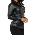 Women's Premium Black Original Leather Snap-Button Shirt — Fitted Western-Style with Chest Pocket