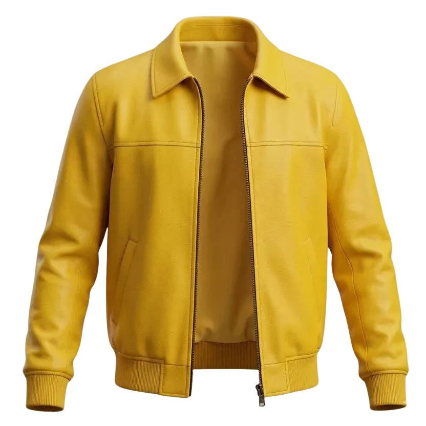 Men's Yellow Zip-Up Premium Original Leather Jacket – front view – Kamercio