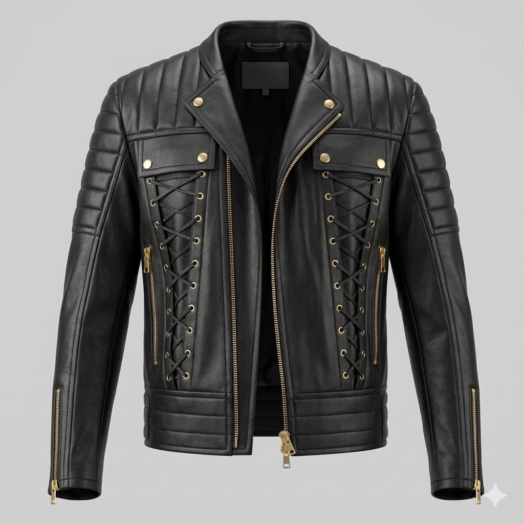 Men's Black Lambskin Premium Original Leather Lace-Up Biker Jacket with Gold Hardware & Quilted Shoulders