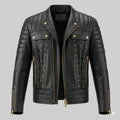 Men's Black Lambskin Premium Original Leather Lace-Up Biker Jacket with Gold Hardware & Quilted Shoulders