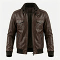 Men's Dark Brown Lambskin Premium Original Leather Bomber Jacket with Four Pockets & Ribbed Trim