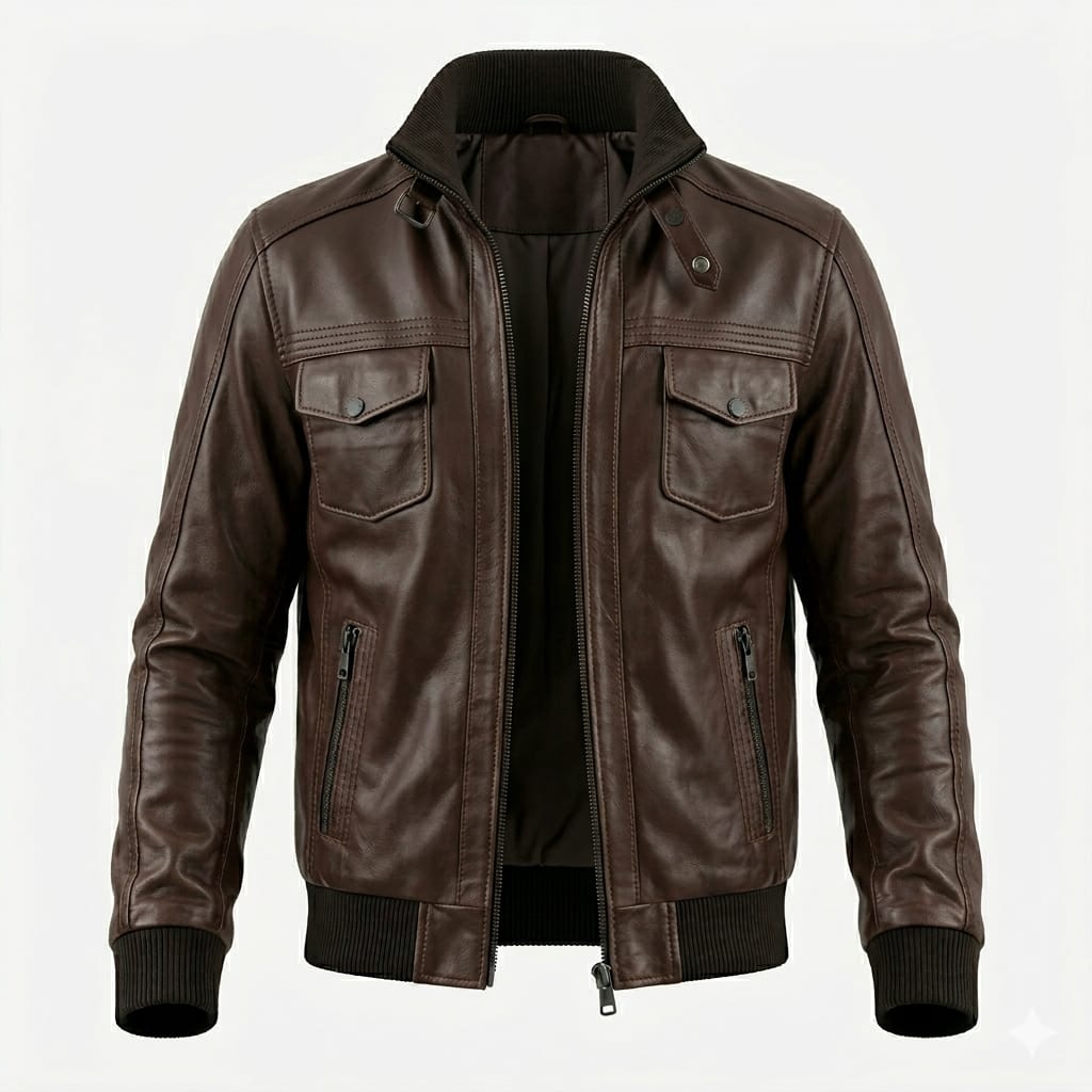 Men's Dark Brown Lambskin Premium Original Leather Bomber Jacket with Four Pockets & Ribbed Trim