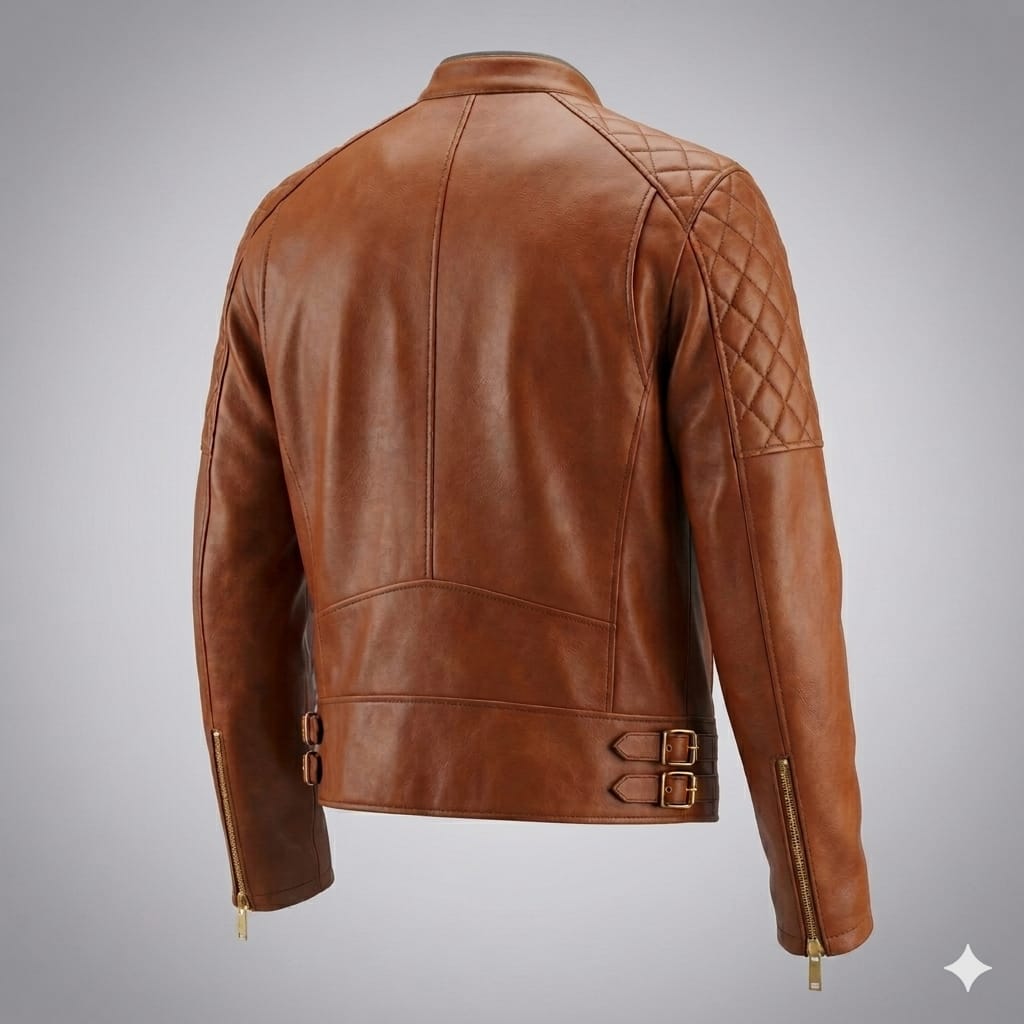 Men's Cognac Lambskin Premium Original Leather Asymmetric Biker Jacket with Quilted Shoulders & Gold Hardware