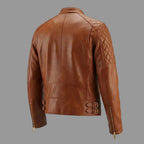 Men's Cognac Lambskin Premium Original Leather Asymmetric Biker Jacket with Quilted Shoulders & Gold Hardware
