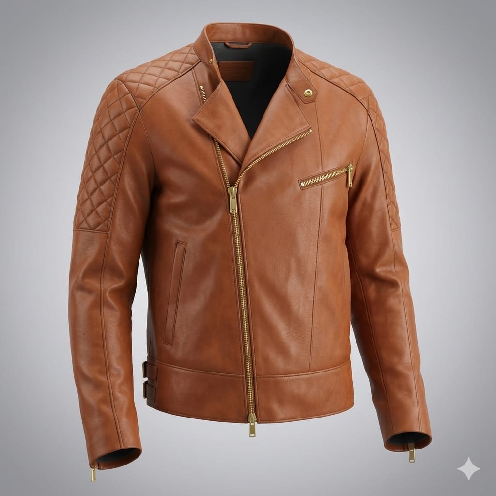 Men's Cognac Lambskin Premium Original Leather Asymmetric Biker Jacket with Quilted Shoulders & Gold Hardware