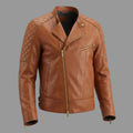 Men's Cognac Lambskin Premium Original Leather Asymmetric Biker Jacket with Quilted Shoulders & Gold Hardware
